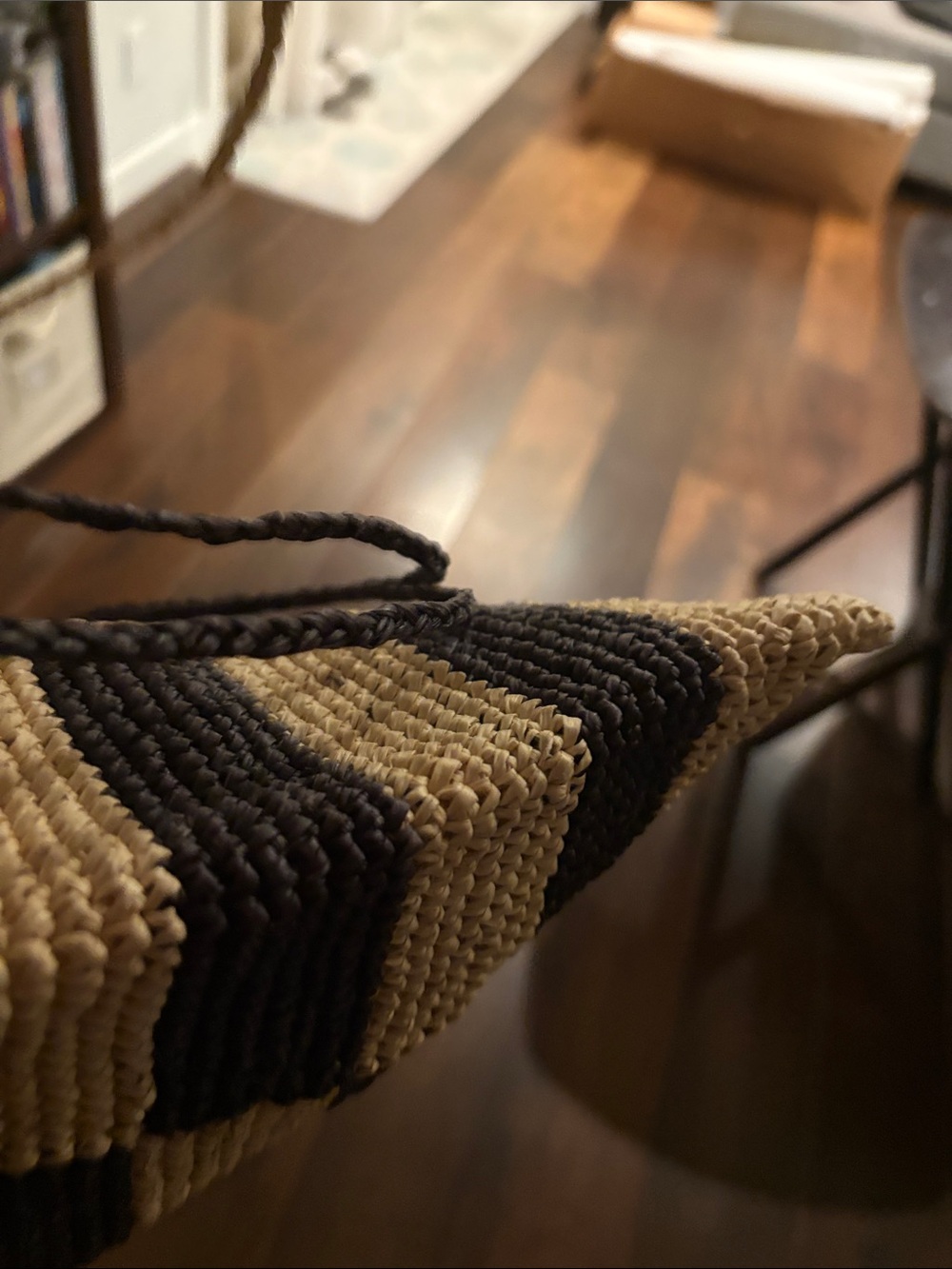 Checkerboard Woven Tote Bag in Black and Natural - Picture 5 of 5